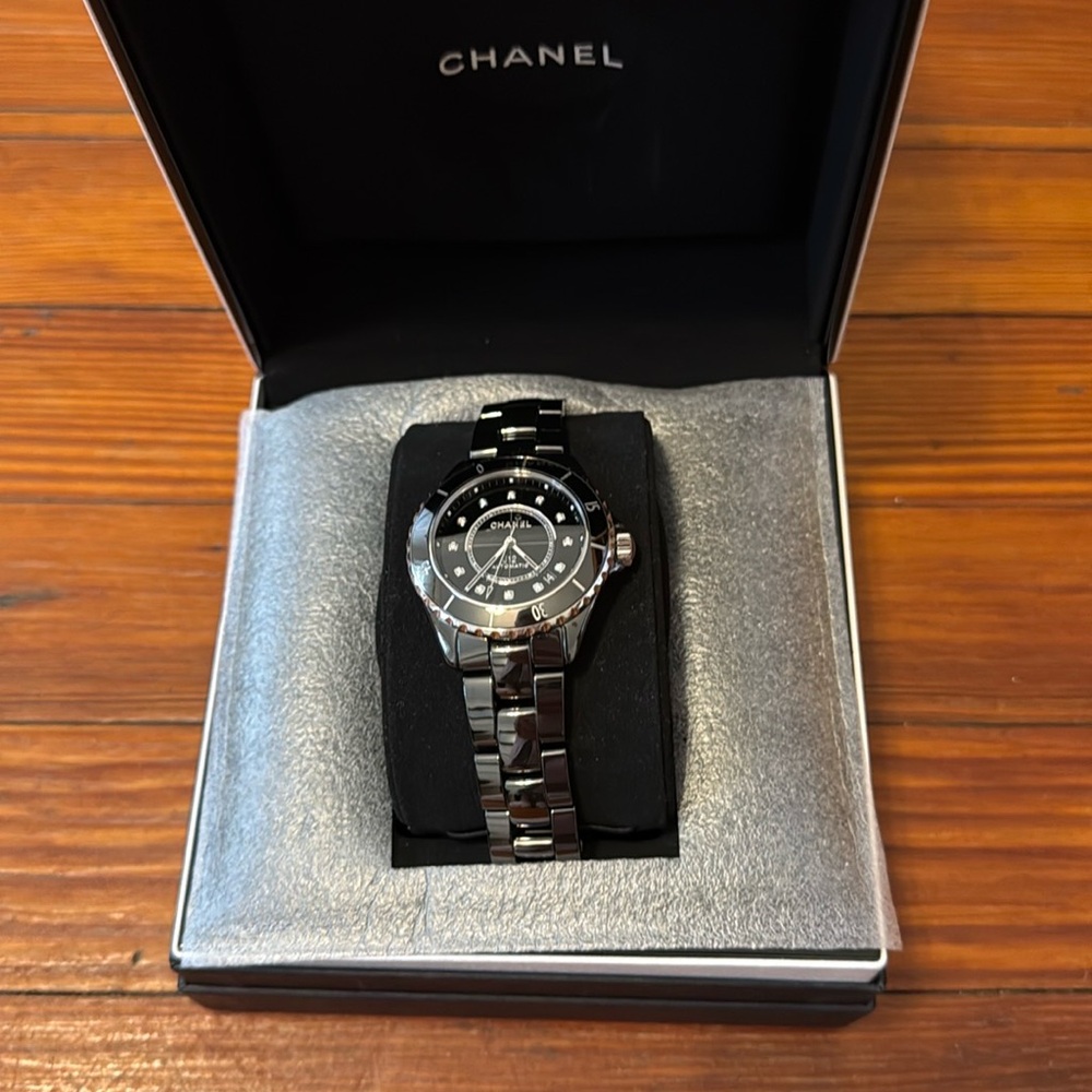 Authentic CHANEL J12 Ceramic Black Silver with Diamond markers 38MM 12.1